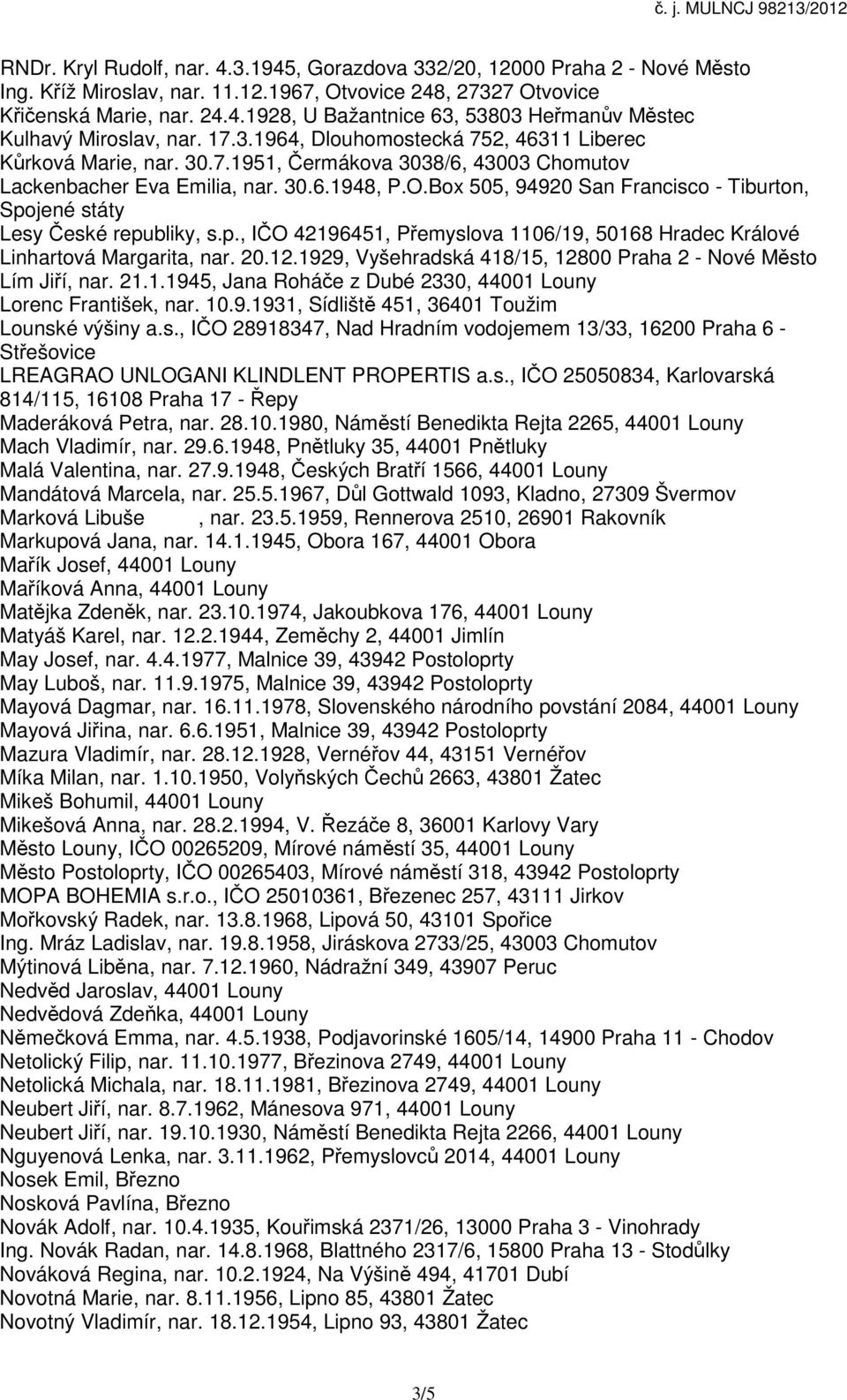 Box 505, 94920 San Francisco - Tiburton, Spojené státy Lesy České republiky, s.p., IČO 42196451, Přemyslova 1106/19, 50168 Hradec Králové Linhartová Margarita, nar. 20.12.