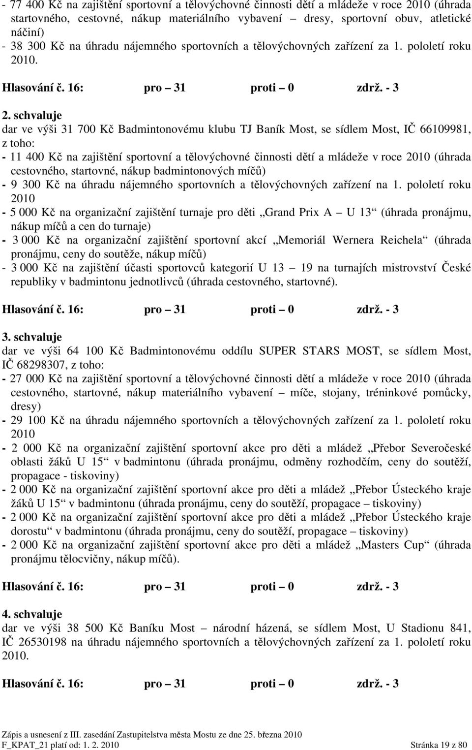 schvaluje dar ve výši 31 700 Kč Badmintonovému klubu TJ Baník Most, se sídlem Most, IČ 66109981, z toho: - 11 400 Kč na zajištění sportovní a tělovýchovné činnosti dětí a mládeže v roce 2010 (úhrada