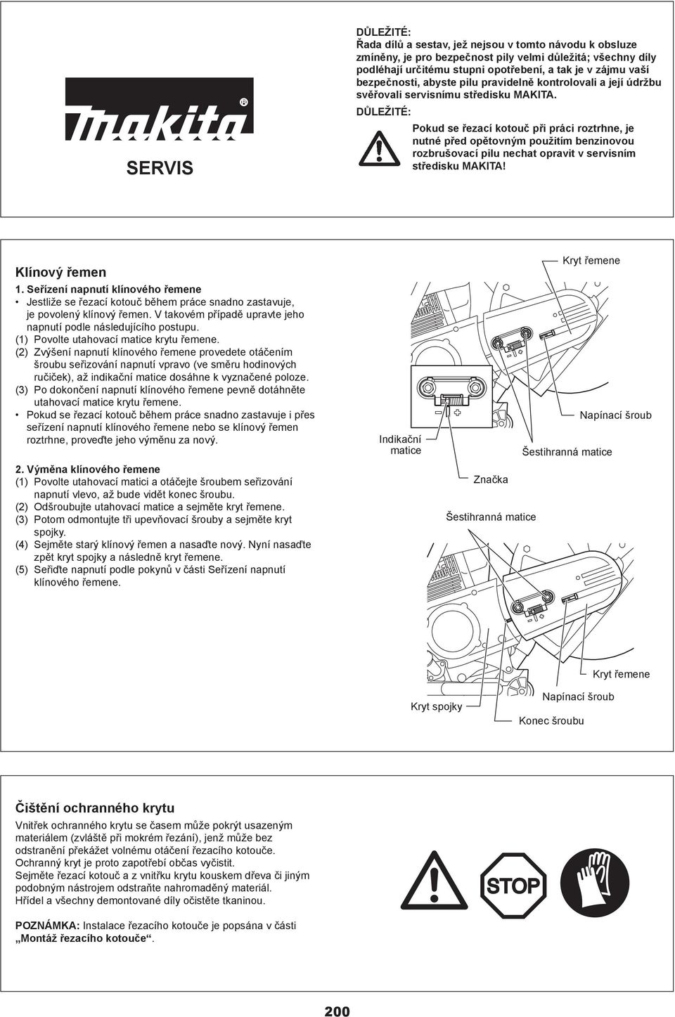 DŮLEŽITÉ: Pokud se řezací kotouč při práci roztrhne, je nutné před opětovným použitím benzinovou rozbrušovací pilu nechat opravit v servisním středisku MAKITA! Klínový řemen 1.