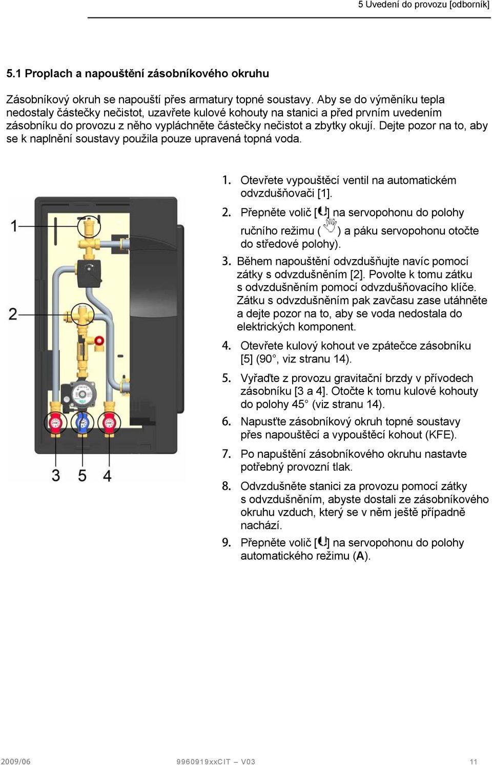 Dejte pozor na to, aby se k naplnění soustavy použila pouze upravená topná voda. Otevřete vypouštěcí ventil na automatickém odvzdušňovači [1].