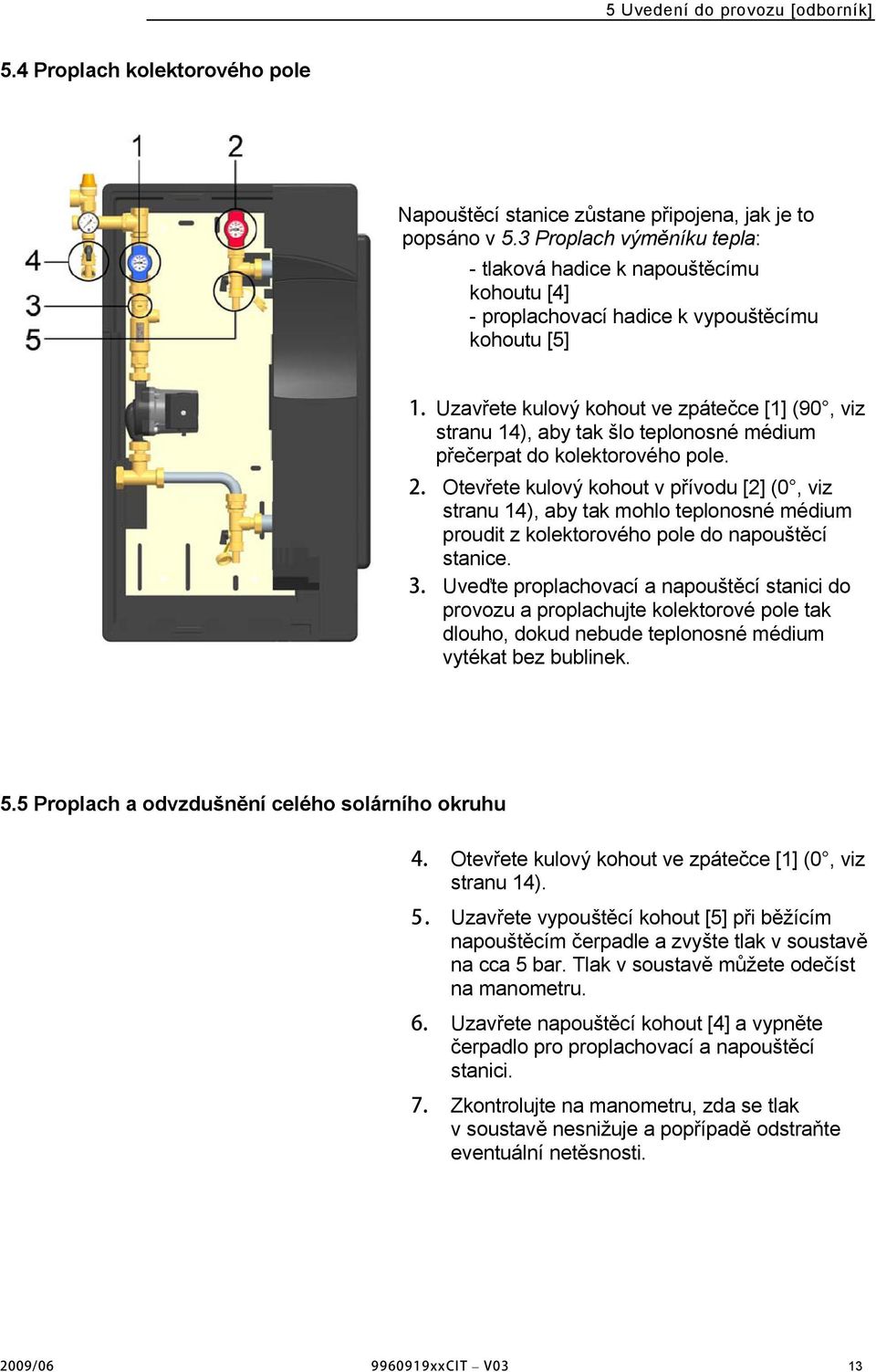 teplonosné médium přečerpat do kolektorového pole. Otevřete kulový kohout v přívodu [2] (0, viz stranu 14), aby tak mohlo teplonosné médium proudit z kolektorového pole do napouštěcí stanice.