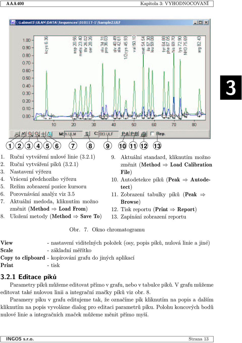 Aktuální standard, kliknutím možno změnit (Method ) Load Calibration File) 10. Autodetekce píků (Peak ) Autodetect) 11. Zobrazení tabulky píků (Peak ) Browse) 12. Tisk reportu (Print ) Report) 13.