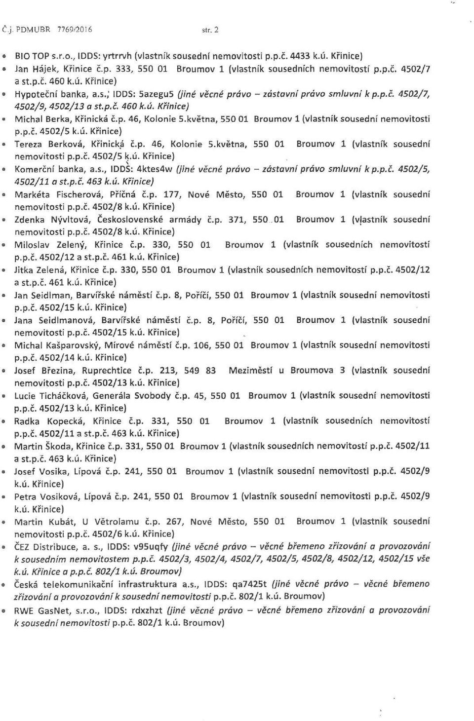 května, 550 01 Broumov 1 (vlastník sousední nemovitosti p.p.č. 4502/5 Tereza Berková, Křinická č.p. 46, Kolonie 5.května, 550 01 Broumov 1 (vlastník sousední nemovitosti p.p.č. 4502/5 Komerční banka, a.