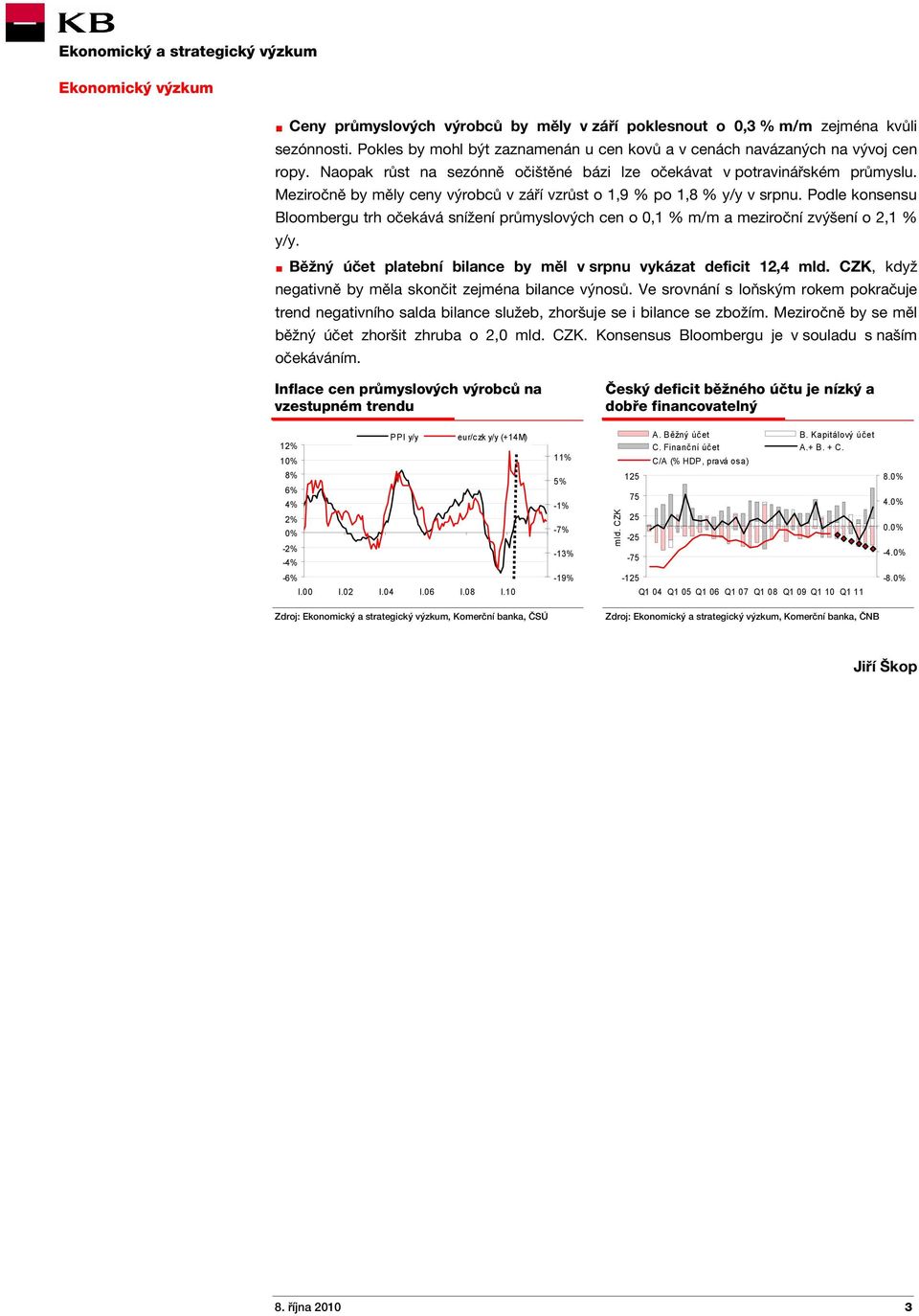 Podle konsensu Bloombergu trh očekává snížení průmyslových cen o 0,1 % m/m a meziroční zvýšení o 2,1 % y/y. Běžný účet platební bilance by měl v srpnu vykázat deficit 12,4 mld.