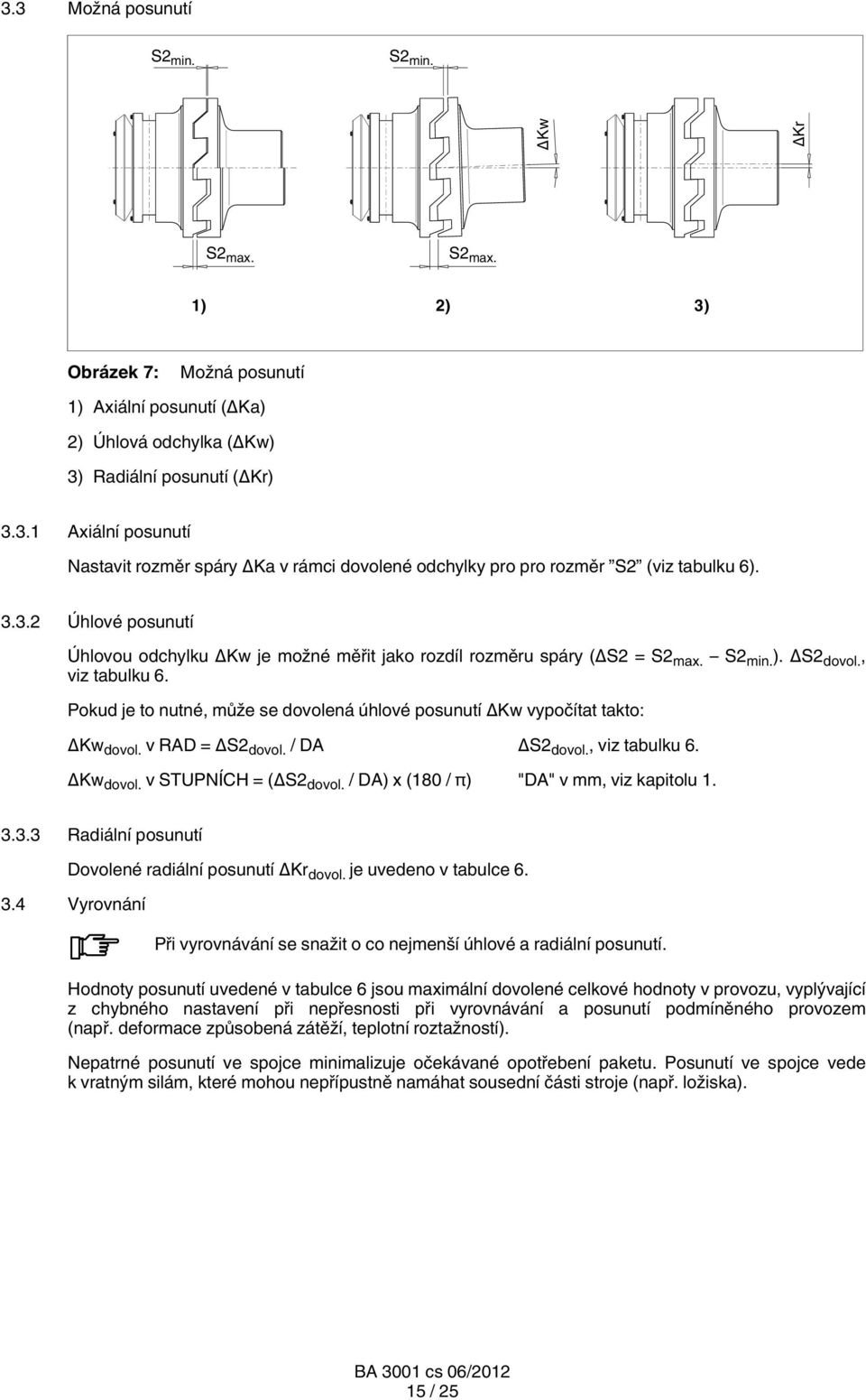 Pokud je to nutné, může se dovolená úhlové posunutí ΔKw vypočítat takto: ΔKw dovol. v RAD = ΔS2 dovol. / DA ΔS2 dovol., viz tabulku 6. ΔKw dovol. v STUPNÍCH = (ΔS2 dovol.