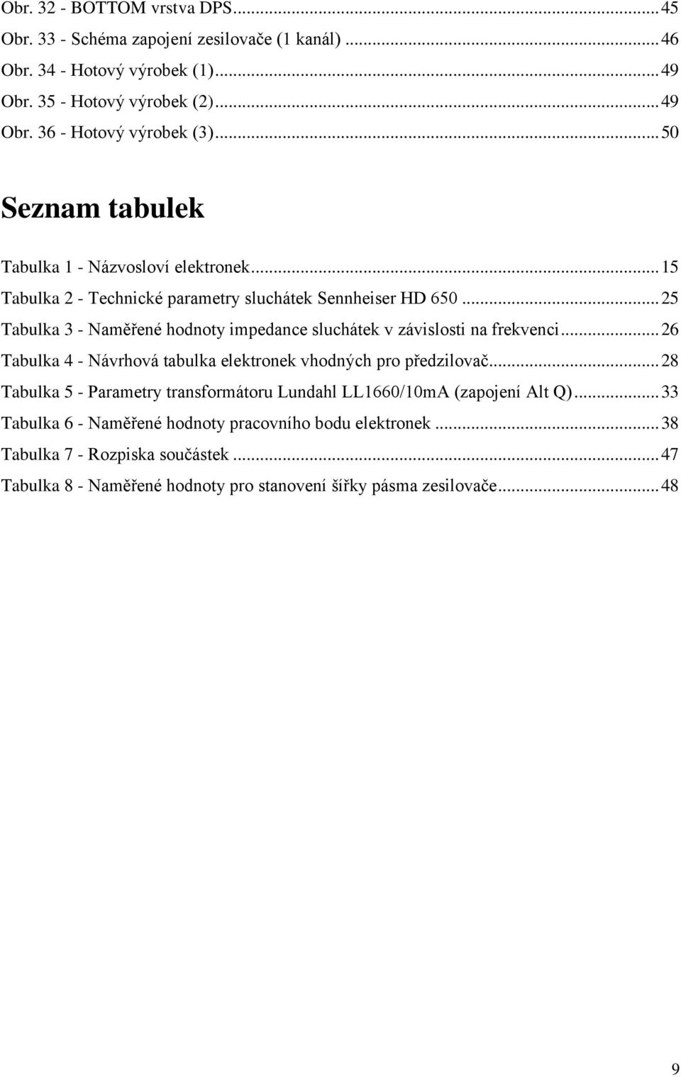 .. 25 Tabulka 3 - Naměřené hodnoty impedance sluchátek v závislosti na frekvenci... 26 Tabulka 4 - Návrhová tabulka elektronek vhodných pro předzilovač.