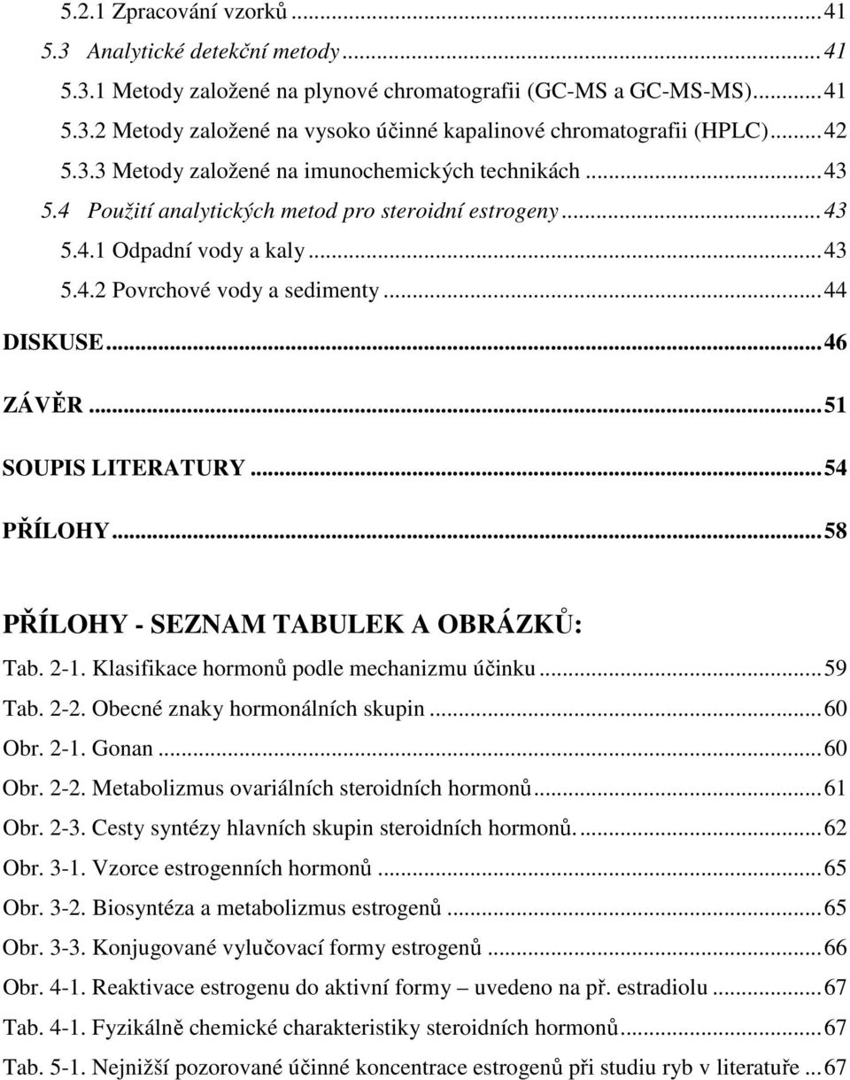 ..46 ZÁVĚR...51 SOUPIS LITERATURY...54 PŘÍLOHY...58 PŘÍLOHY - SEZNAM TABULEK A OBRÁZKŮ: Tab. 2-1. Klasifikace hormonů podle mechanizmu účinku...59 Tab. 2-2. Obecné znaky hormonálních skupin...60 Obr.