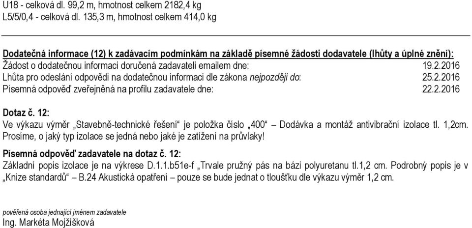 dne: 19.2.2016 Lhůta pro odeslání odpovědi na dodatečnou informaci dle zákona nejpozději do: 25.2.2016 Dotaz č.