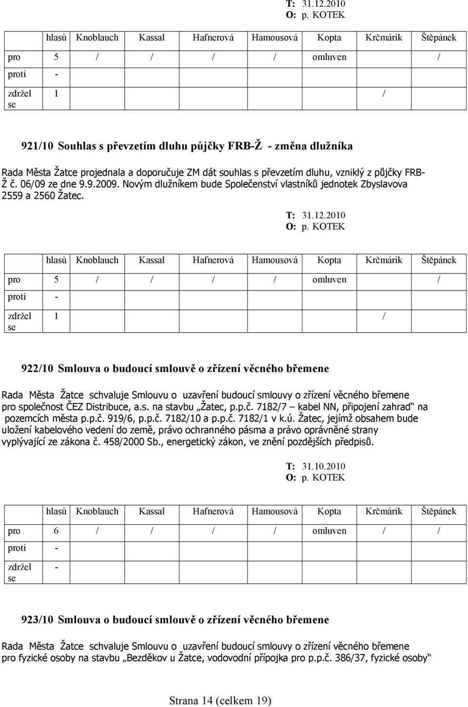 06/09 ze dne 9.9.2009. Novým dlužníkem bude Společenství vlastníků jednotek Zbyslavova 2559 a 2560 Žatec.