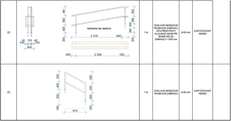 >1500 mm Ø 40 mm KARTÁČOVANÝ NEREZ Z3 1 ks