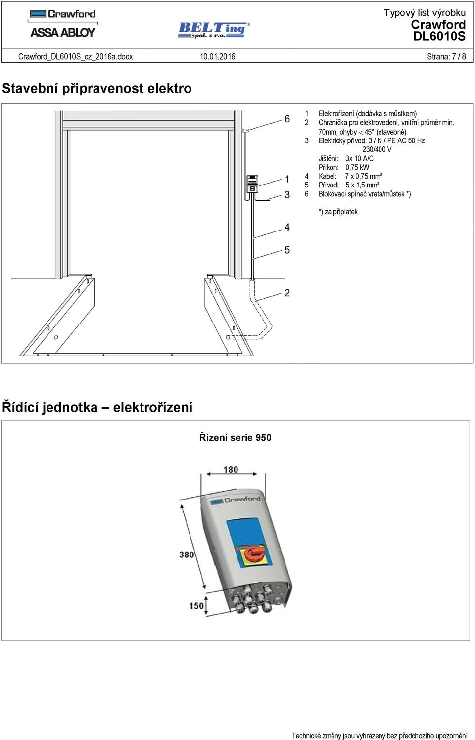 2016 Strana: 7 / 8 Stavební připravenost elektro 1 Elektrořízení (dodávka s můstkem) 2 Chránička pro