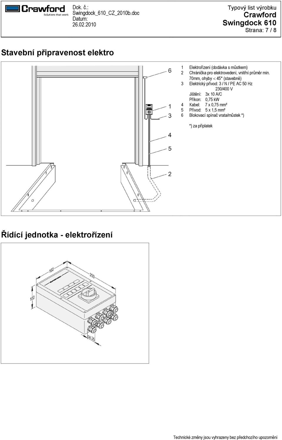 70mm, ohyby 45 (stavebně) 3 Elektrický přívod: 3 / N / PE AC 50 Hz 230/400 V Jištění: 3x 10