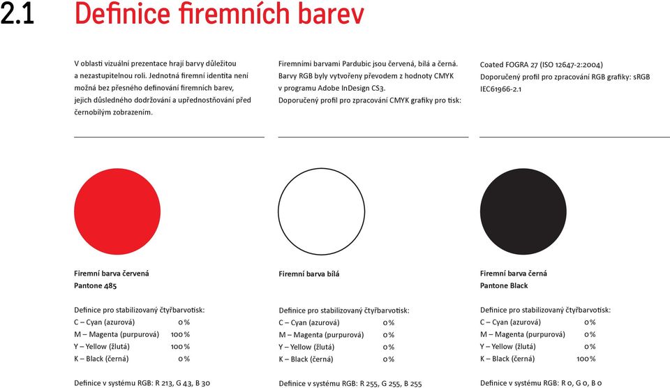 Firemními barvami Pardubic jsou červená, bílá a černá. Barvy RGB byly vytvořeny převodem z hodnoty CMYK v programu Adobe InDesign CS3.