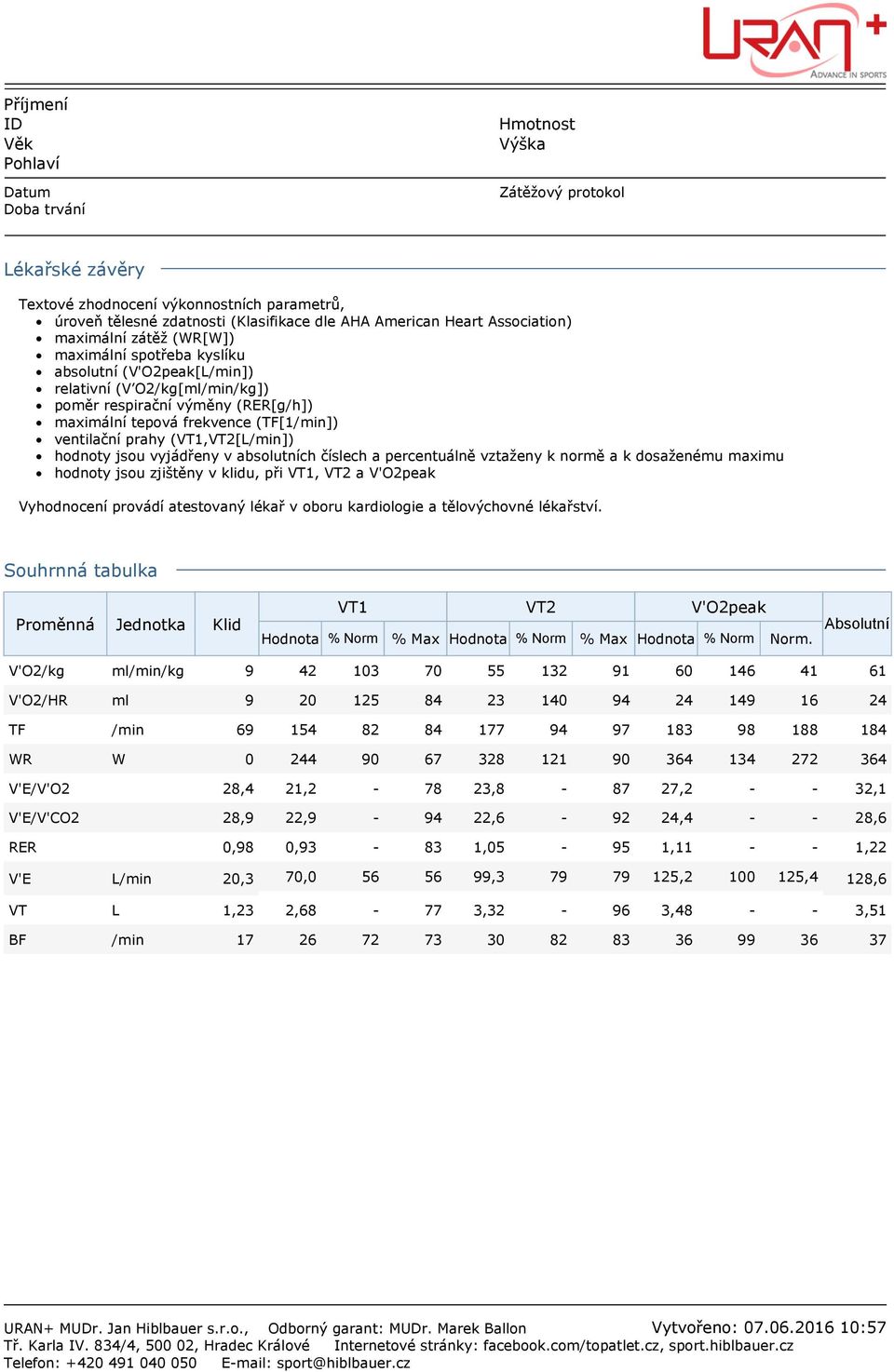 ventilační prahy (VT1,VT2[L/min]) hodnoty jsou vyjádřeny v absolutních číslech a percentuálně vztaženy k normě a k dosaženému maximu hodnoty jsou zjištěny v klidu, při VT1, VT2 a V'O2peak Vyhodnocení