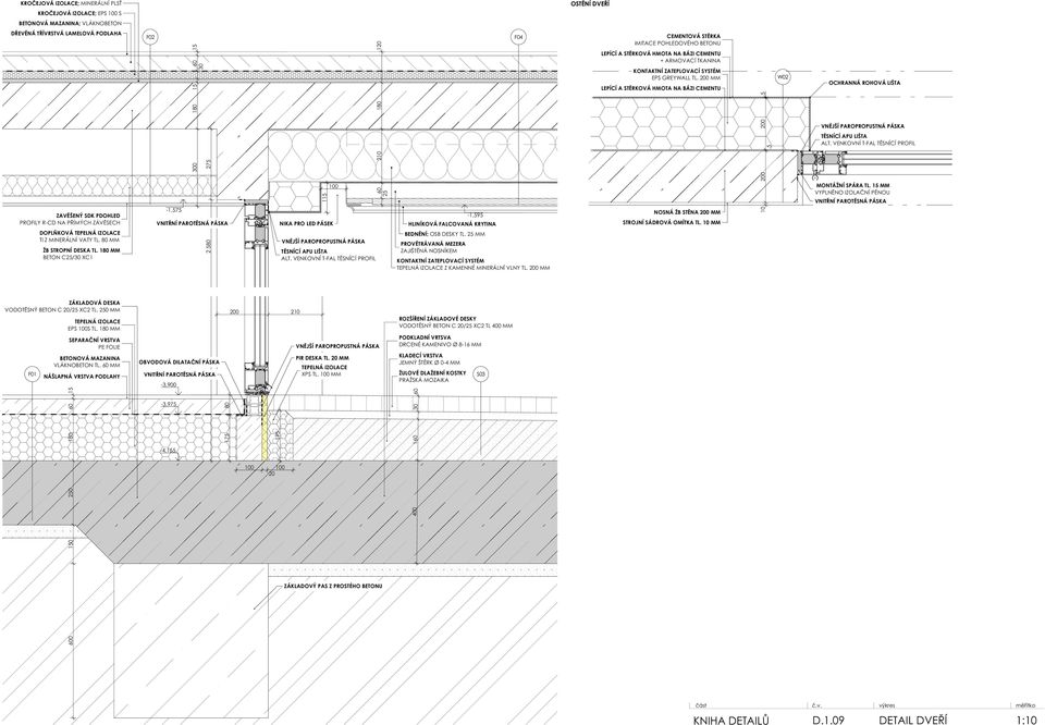 VENKOVNÍ T-FAL TĚSNÍCÍ PROFIL ZAVĚŠENÝ SDK PDOHLED PROFILY R-CD NA PŘÍMÝCH ZÁVĚSECH DOPLŇKOVÁ TEPELNÁ IZOLACE ŽB STROPNÍ DESKA TL.