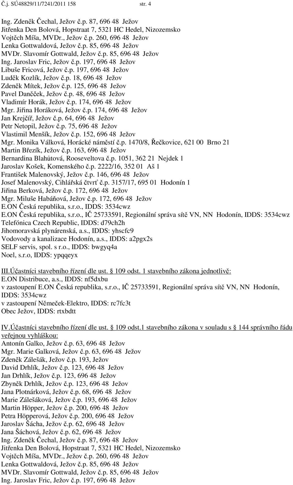 p. 125, 696 48 Ježov Pavel Daněček, Ježov č.p. 48, 696 48 Ježov Vladimír Horák, Ježov č.p. 174, 696 48 Ježov Mgr. Jiřina Horáková, Ježov č.p. 174, 696 48 Ježov Jan Krejčíř, Ježov č.p. 64, 696 48 Ježov Petr Netopil, Ježov č.