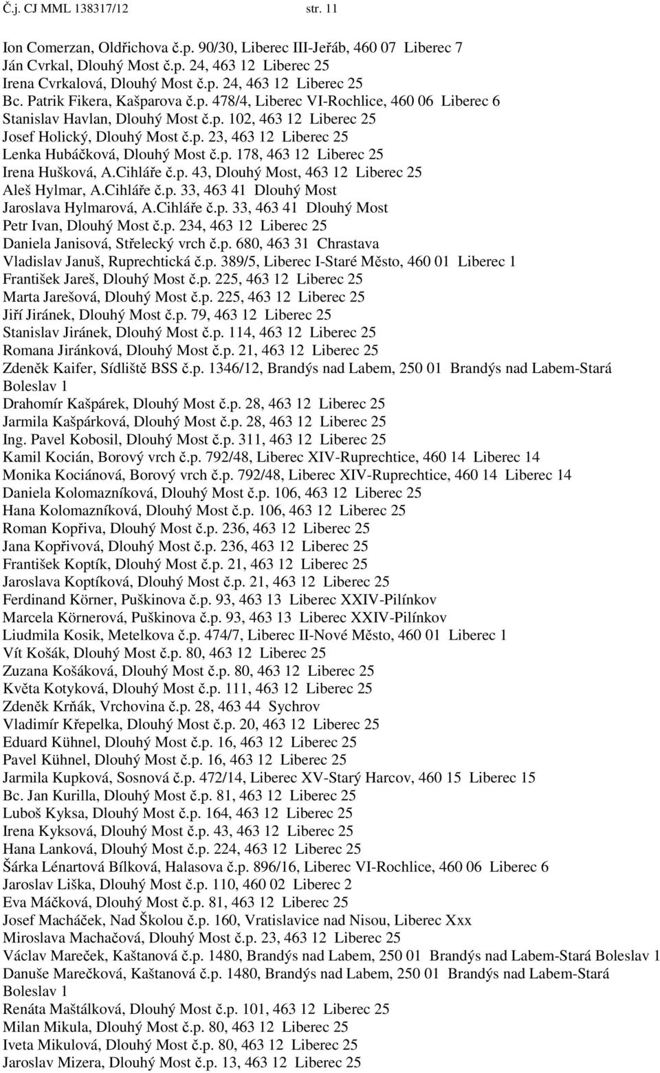 p. 178, 463 12 Liberec 25 Irena Hušková, A.Cihláře č.p. 43, Dlouhý Most, 463 12 Liberec 25 Aleš Hylmar, A.Cihláře č.p. 33, 463 41 Dlouhý Most Jaroslava Hylmarová, A.Cihláře č.p. 33, 463 41 Dlouhý Most Petr Ivan, Dlouhý Most č.