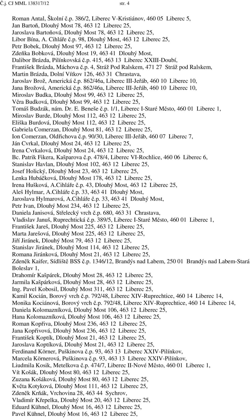 98, Dlouhý Most, 463 12 Liberec 25, Petr Bobek, Dlouhý Most 97, 463 12 Liberec 25, Zdeňka Bobková, Dlouhý Most 19, 463 41 Dlouhý Most, Dalibor Brázda, Pilínkovská č.p.