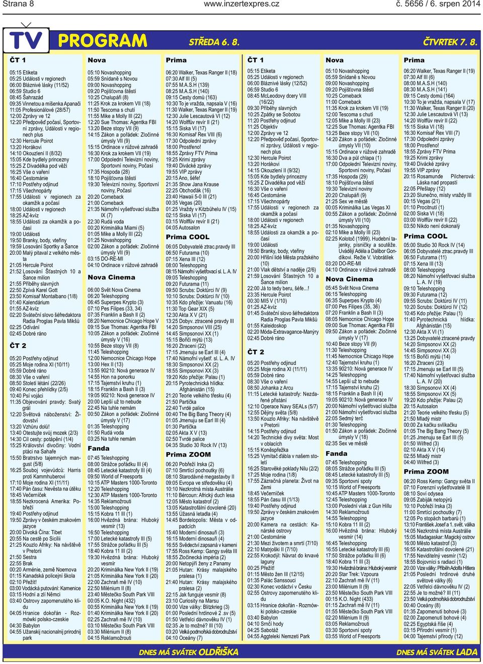 Zprávy ve 12 12:20 Předpověď počasí, Sportovní zprávy, Události v regionech plus 12:30 Hercule Poirot 13:20 Horákovi 14:10 Okouzlení II (8/32) 15:05 Kde bydlely princezny 15:25 Z Divadélka pod věží