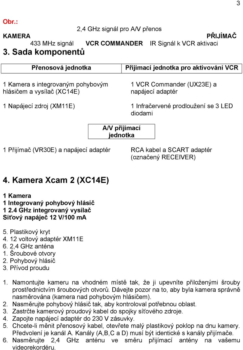 napájecí adaptér 1 Infračervené prodloužení se 3 LED diodami A/V přijímací jednotka 1 Přijímač (VR30E) a napájecí adaptér RCA kabel a SCART adaptér (označený RECEIVER) 4.