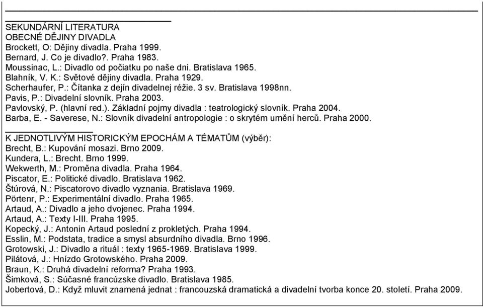 Základní pojmy divadla : teatrologický slovník. Praha 2004. Barba, E. - Saverese, N.: Slovník divadelní antropologie : o skrytém umění herců. Praha 2000.