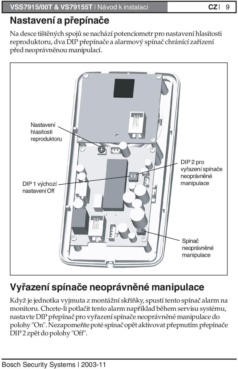 Nastavení hlasitosti reproduktoru DIP 1 výchozí nastavení Off DIP 2 pro vyřazení spínače neoprávněné manipulace Spínač neoprávněné manipulace Vyřazení spínače neoprávněné manipulace