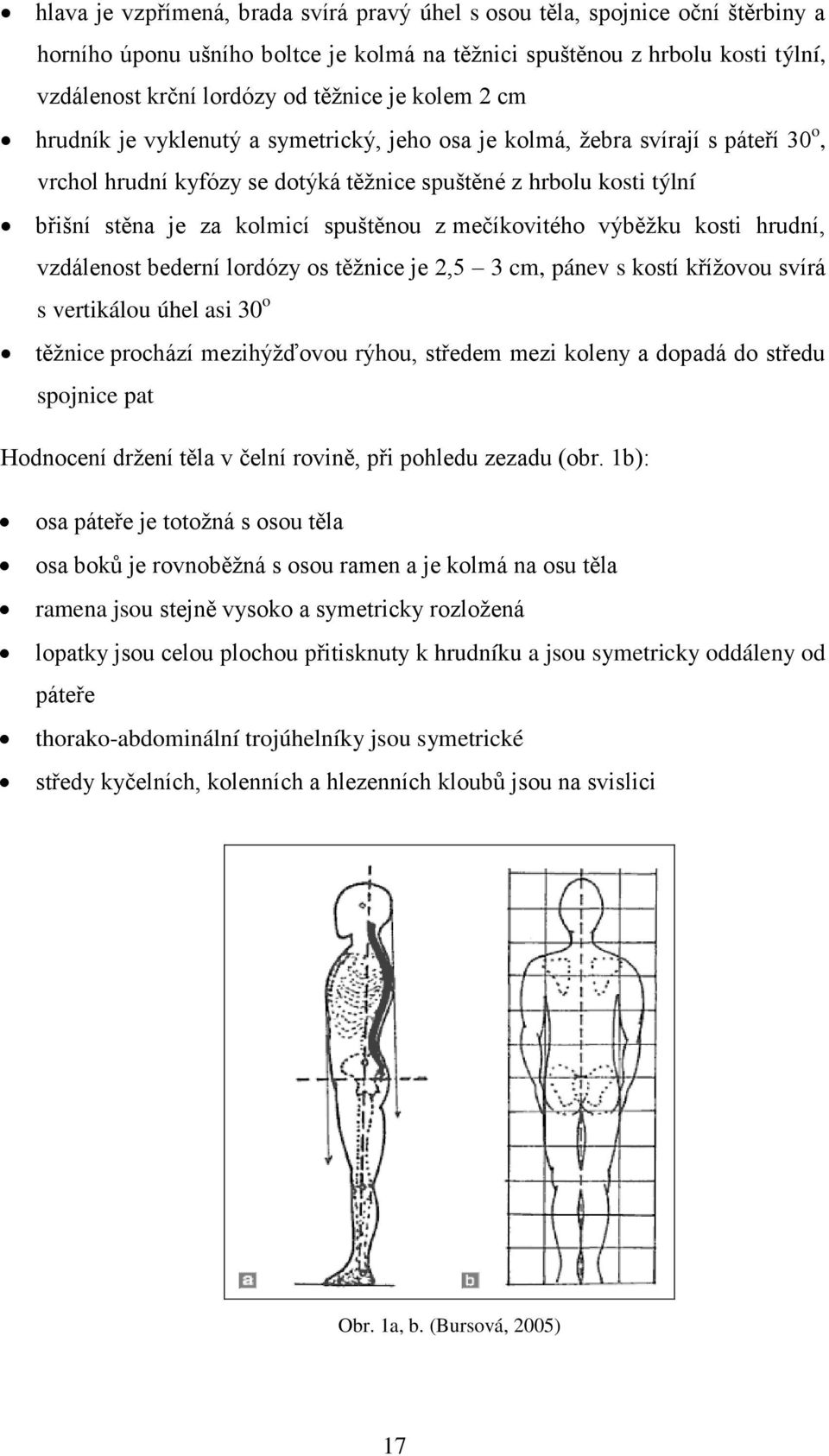 z mečíkovitého výběžku kosti hrudní, vzdálenost bederní lordózy os těžnice je 2,5 3 cm, pánev s kostí křížovou svírá s vertikálou úhel asi 30 o těžnice prochází mezihýžďovou rýhou, středem mezi