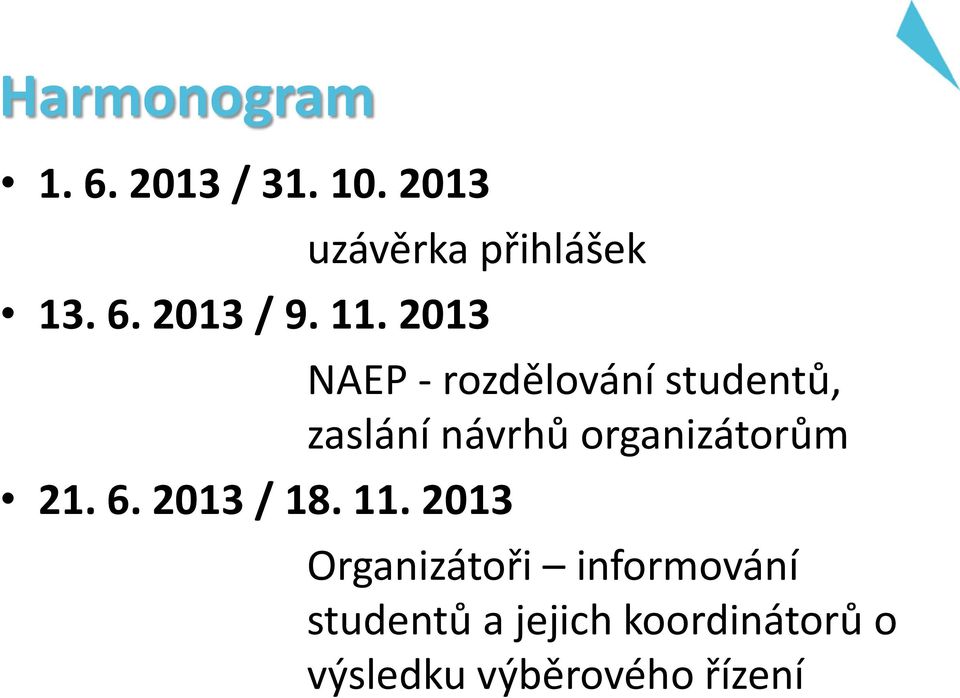 2013 NAEP - rozdělování studentů, zaslání návrhů organizátorům