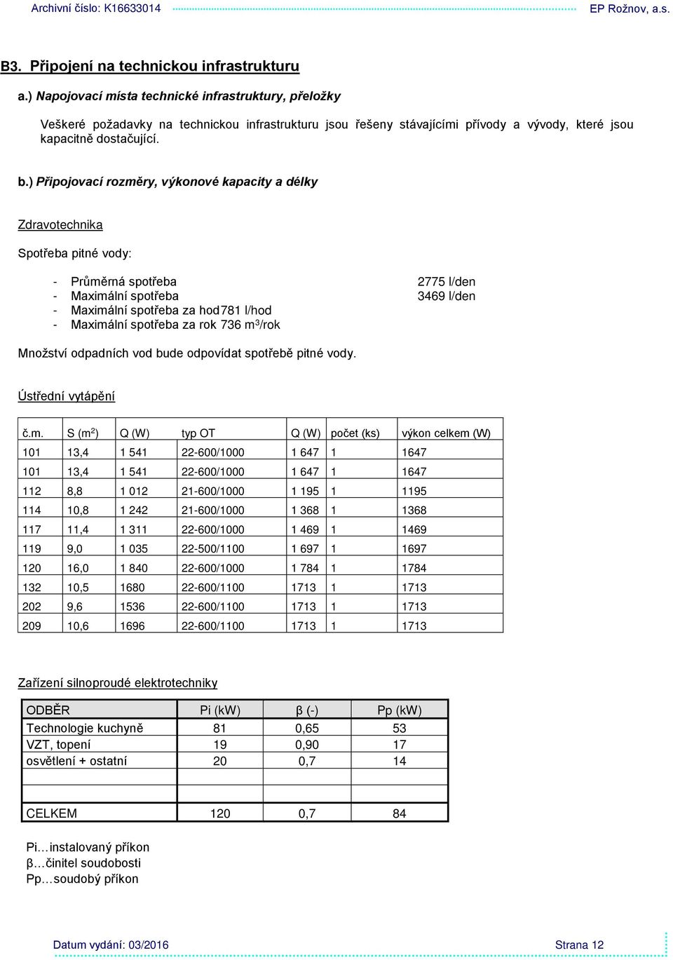 ) Připojovací rozměry, výkonové kapacity a délky Zdravotechnika Spotřeba pitné vody: - Průměrná spotřeba 2775 l/den - Maximální spotřeba 3469 l/den - Maximální spotřeba za hod 781 l/hod - Maximální