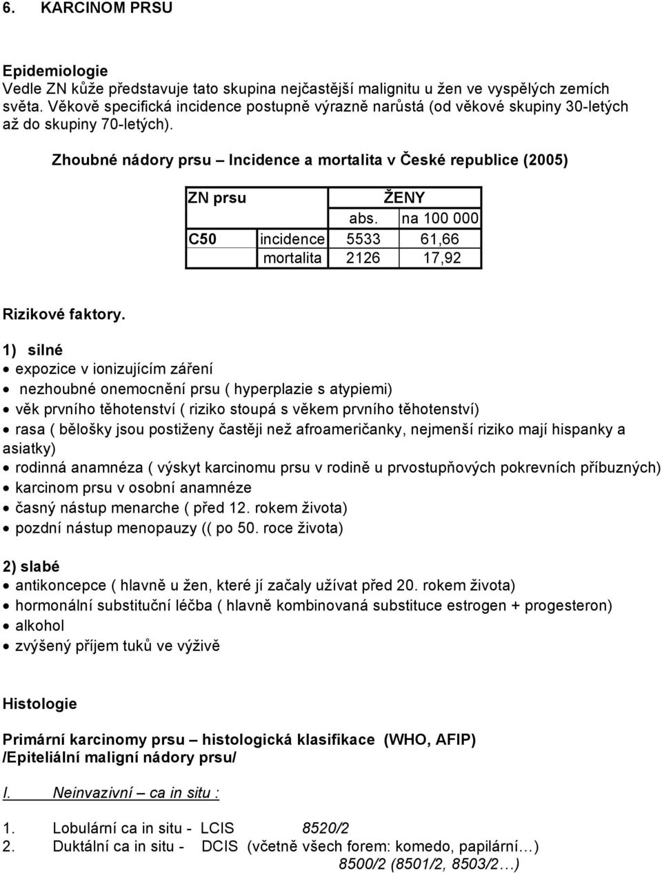 na 100 000 C50 incidence 5533 61,66 mortalita 2126 17,92 Rizikové faktory.