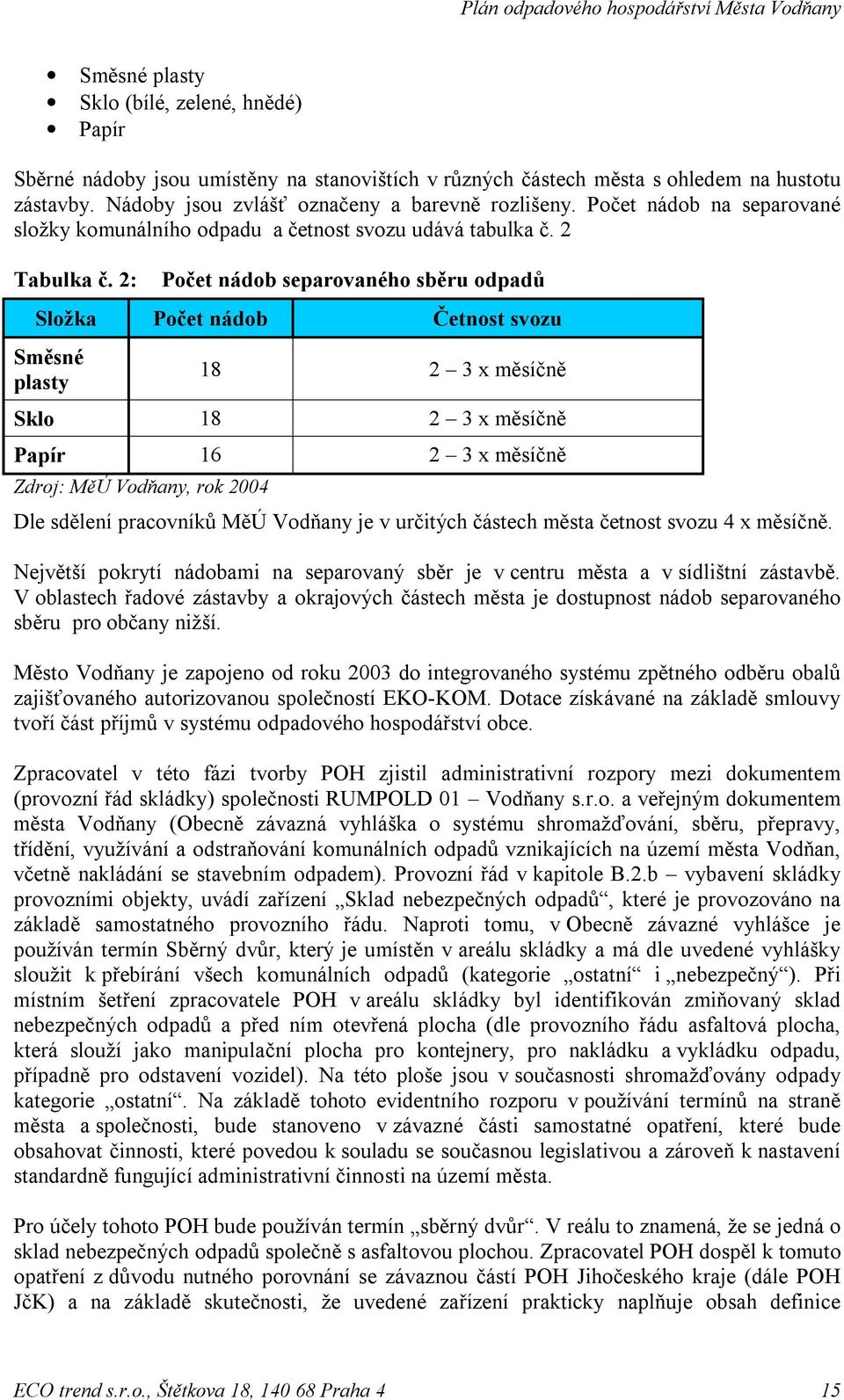 2: Počet nádob separovaného sběru odpadů Složka Počet nádob Četnost svozu Směsné plasty 18 2 3 x měsíčně Sklo 18 2 3 x měsíčně Papír 16 2 3 x měsíčně Zdroj: MěÚ Vodňany, rok 2004 Dle sdělení