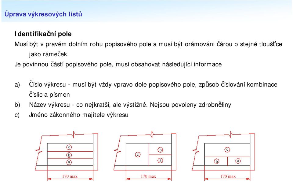 Je povinnou částí popisového pole, musí obsahovat následující informace a) Číslo výkresu -musí být