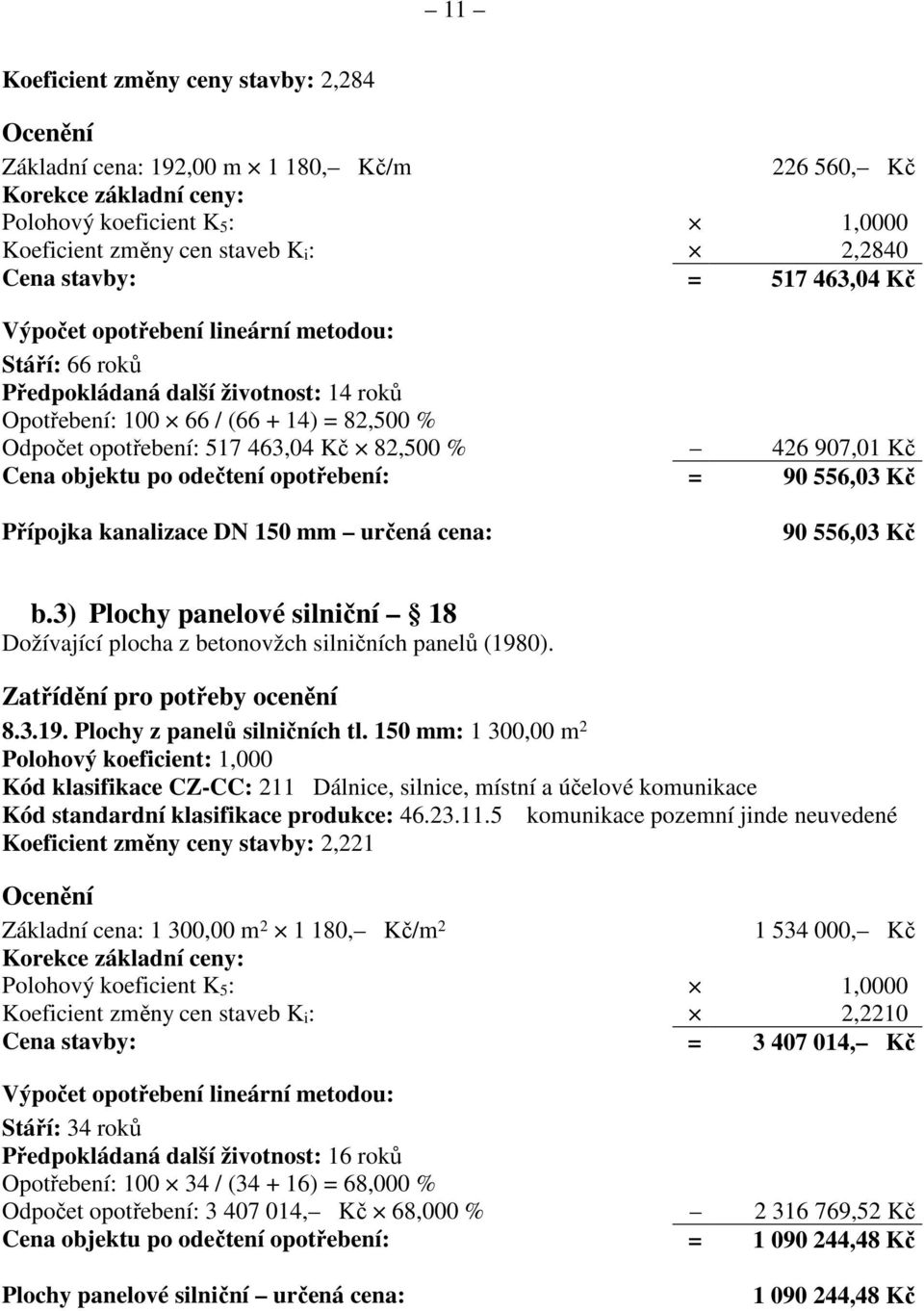 426 907,01 Kč Cena objektu po odečtení opotřebení: = 90 556,03 Kč Přípojka kanalizace DN 150 mm určená cena: 90 556,03 Kč b.