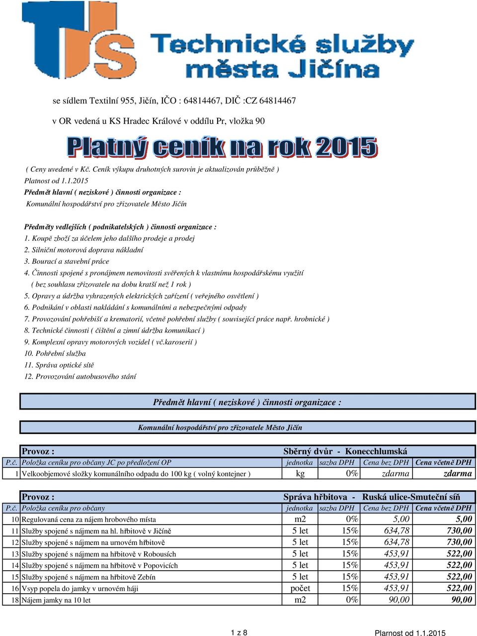 1.2015 Předmět hlavní ( neziskové ) činnosti organizace : Komunální hospodářství pro zřizovatele Město Jičín Předměty vedlejších ( podnikatelských ) činnosti organizace : 1.