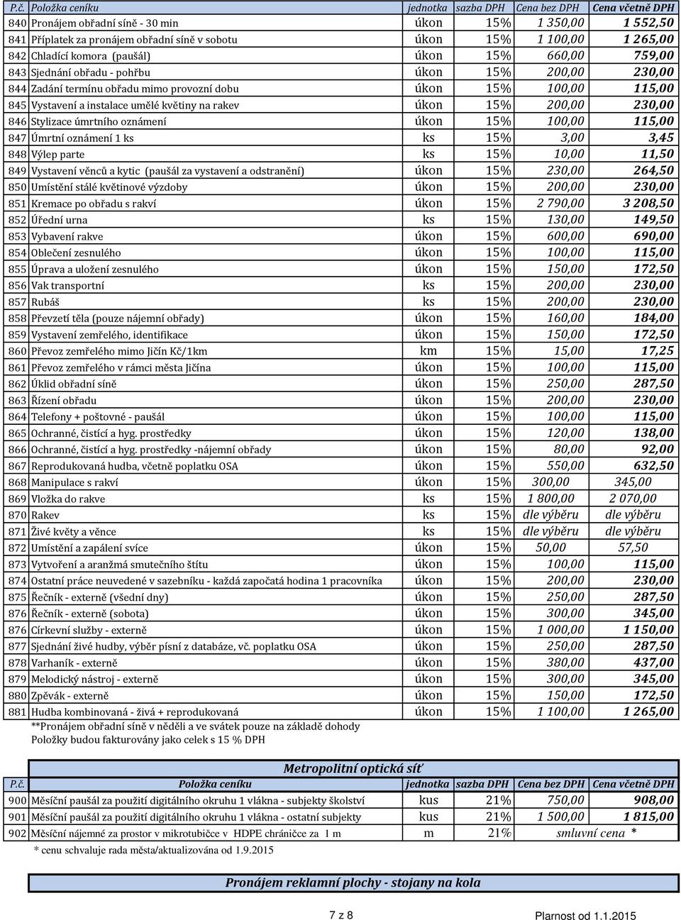 květiny na rakev úkon 15% 200,00 230,00 846 Stylizace úmrtního oznámení úkon 15% 100,00 115,00 847 Úmrtní oznámení 1 ks ks 15% 3,00 3,45 848 Výlep parte ks 15% 10,00 11,50 849 Vystavení věnců a kytic