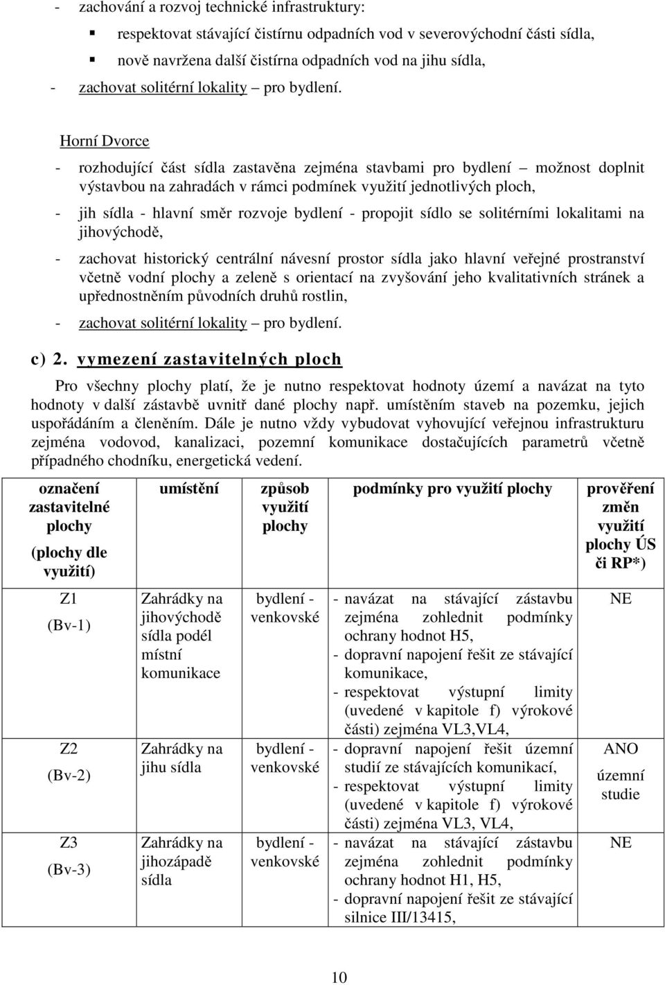 Horní Dvorce - rozhodující část sídla zastavěna zejména stavbami pro bydlení možnost doplnit výstavbou na zahradách v rámci podmínek využití jednotlivých ploch, - jih sídla - hlavní směr rozvoje