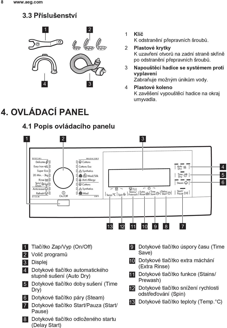 4 Plastové koleno K zavěšení vypouštěcí hadice na okraj umyvadla. 1 2 3 S P E C I A L Delicates Easy Iron Super Eco 20 Min.