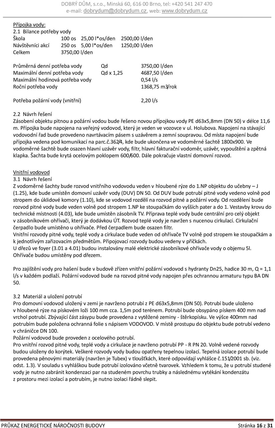 potřeba vody Qd x 1,25 4687,50 l/den Maximální hodinová potřeba vody 0,54 l/s Roční potřeba vody 1368,75 m3/rok Potřeba požární vody (vnitřní) 2,20 l/s 2.