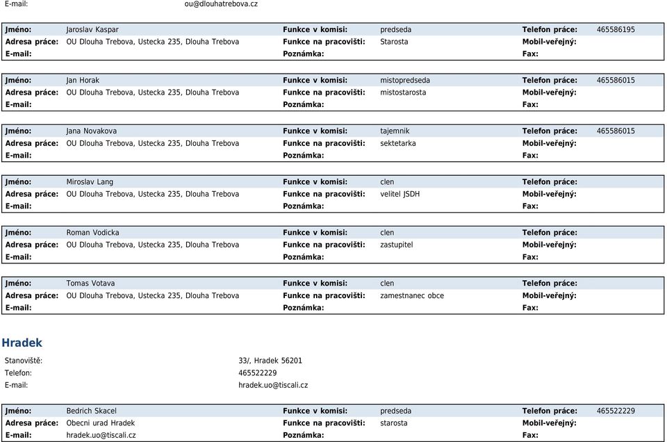 Horak Funkce v komisi: mistopredseda Telefon práce: 465586015 Adresa práce: OU Dlouha Trebova, Ustecka 235, Dlouha Trebova Funkce na pracovišti: mistostarosta Mobil-veřejný: Jméno: Jana Novakova