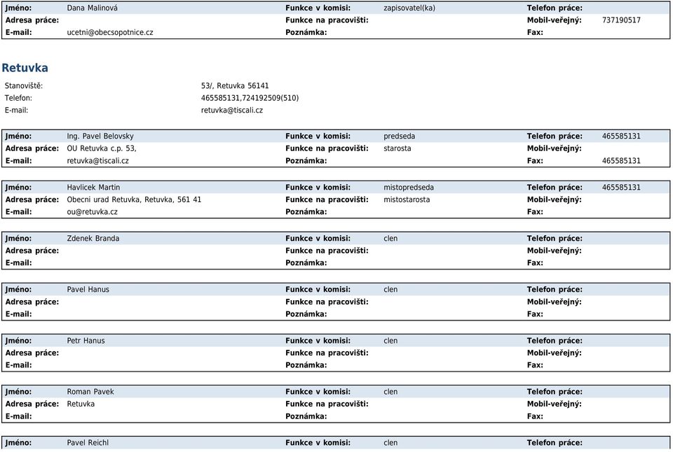 Pavel Belovsky Funkce v komisi: predseda Telefon práce: 465585131 Adresa práce: OU Retuvka c.p. 53, Funkce na pracovišti: starosta Mobil-veřejný: retuvka@tiscali.