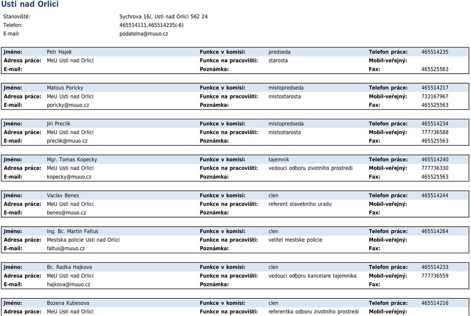 komisi: mistopredseda Telefon práce: 465514217 Adresa práce: MeU Usti nad Orlici Funkce na pracovišti: mistostarosta Mobil-veřejný: 733167967 poricky@muuo.