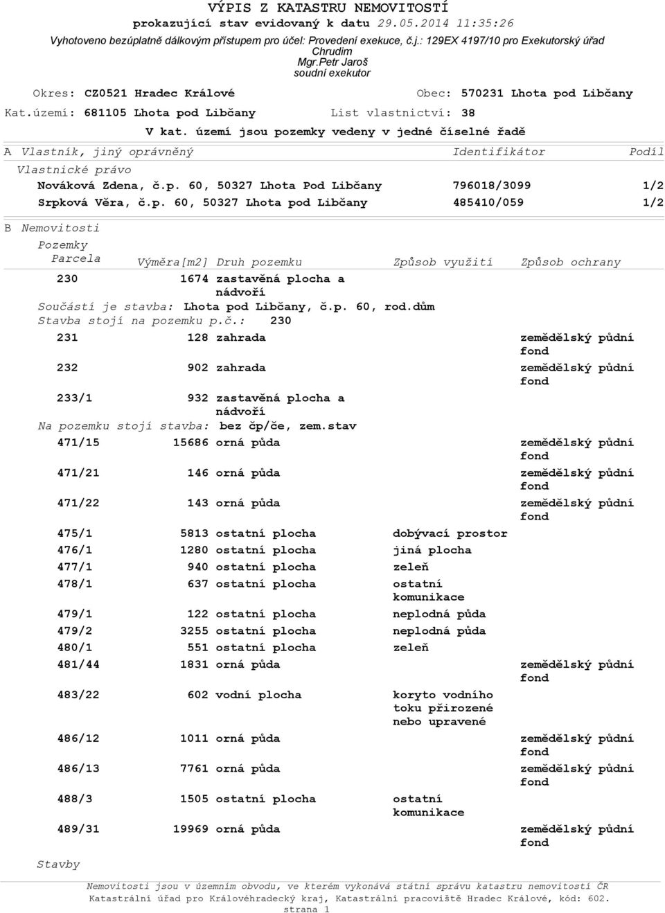 území: 681105 Lhta pd Libčany List vlastnictví: 38 V kat.