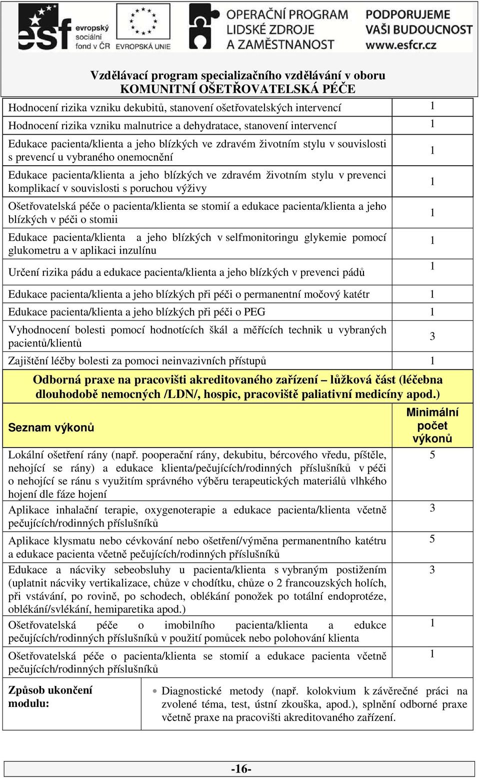 péče o pacienta/klienta se stomií a edukace pacienta/klienta a jeho blízkých v péči o stomii Edukace pacienta/klienta a jeho blízkých v selfmonitoringu glykemie pomocí glukometru a v aplikaci