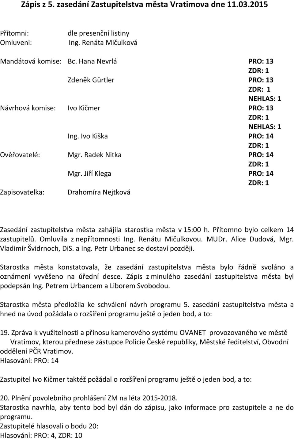 Jiří Klega PRO: 14 ZDR: 1 Zapisovatelka: Drahomíra Nejtková Zasedání zastupitelstva města zahájila starostka města v 15:00 h. Přítomno bylo celkem 14 zastupitelů. Omluvila z nepřítomnosti Ing.