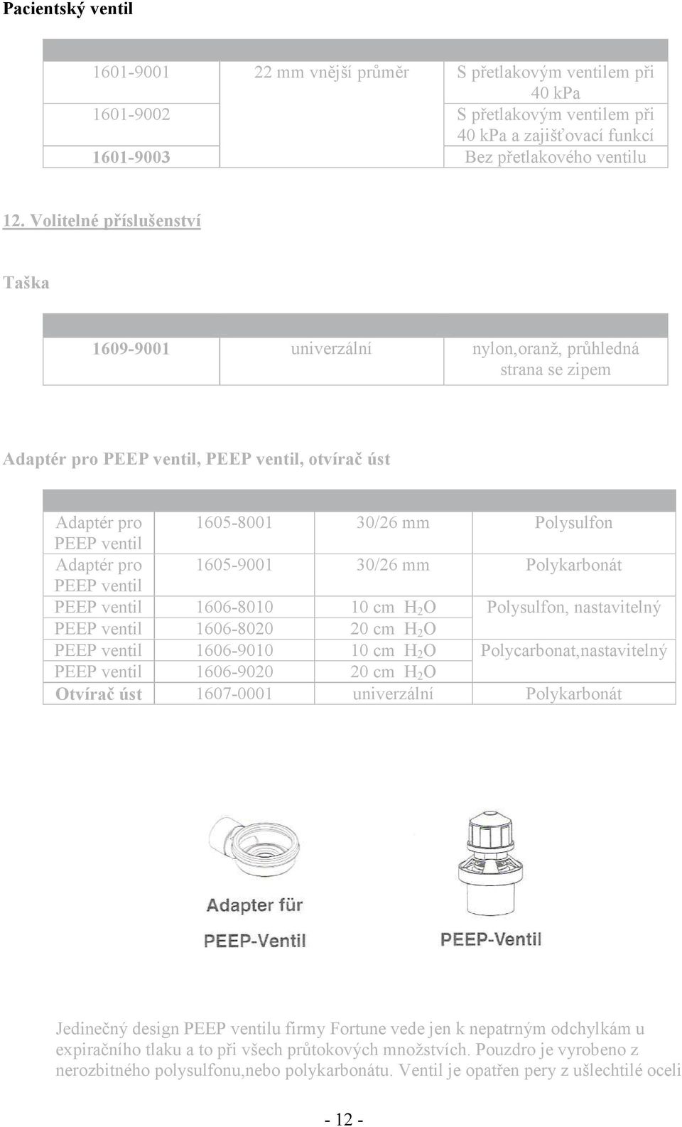 Volitelné píslušenství Taška RIJIGDSDWX íslo YFGQ[DLJ PDOQL 1609-9001 univerzální nylon,oranž, prhledná strana se zipem Adaptér pro PEEP ventil, PEEP ventil, otvíra úst P\DEc[J RIJIGDSDWX íslo