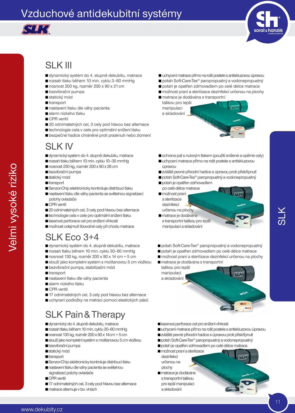 alternace technologie cela v cele pro optimální snížení tlaku bezpečné hadice chráněné proti prasknutí nebo zlomení SLK IV dynamický systém do 4. stupně dekubitu, matrace rozsah tlaku během 10 min.