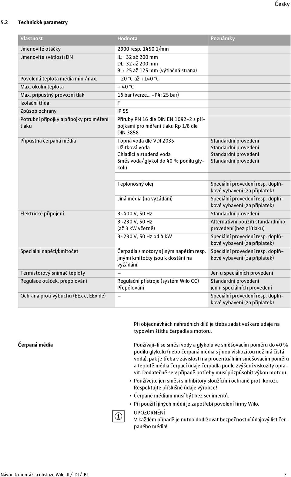 přípustný provozní tlak Izolační třída Způsob ochrany IP 55 Potrubní přípojky a přípojky pro měření tlaku 16 bar (verze.