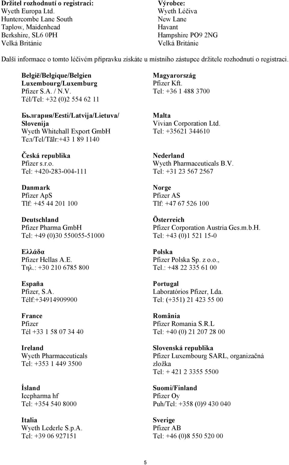 místního zástupce držitele rozhodnutí o registraci. België/Belgique/Belgien Luxembourg/Luxemburg Pfizer S.A. / N.V.