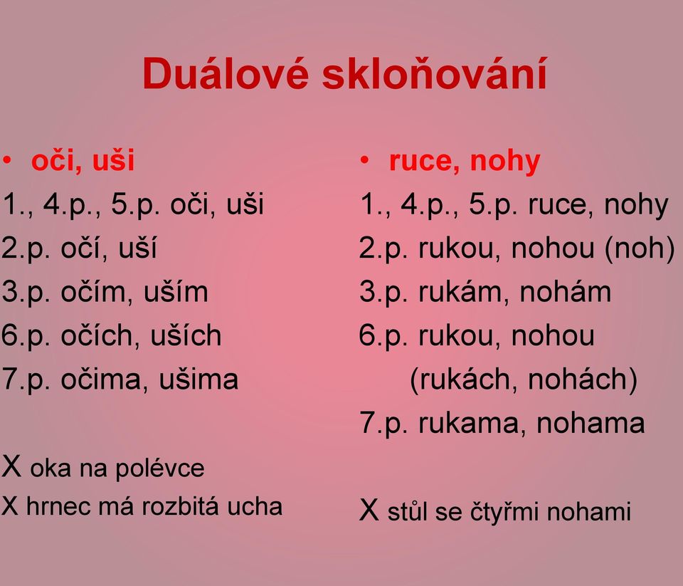 , 4.p., 5.p. ruce, nohy 2.p. rukou, nohou (noh) 3.p. rukám, nohám 6.p. rukou, nohou (rukách, nohách) 7.