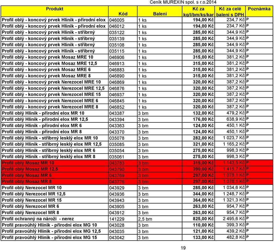 koncový 12,5 prvek Hliník - stříbrný 035108 1 ks 285,00 Kč 344,9 Kč P lesklý Profil oblý elox - MRE koncový 6 prvek Hliník - stříbrný 035115 1 ks 285,00 Kč 344,9 Kč P lesklý Profil oblý elox - MRE